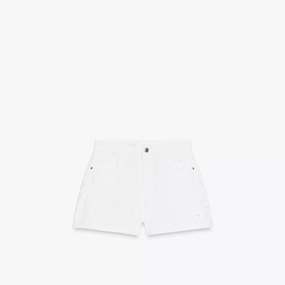 White Women's High-Rise Denim Shorts - SHORTS WITH OPENWORK EMBROIDERY